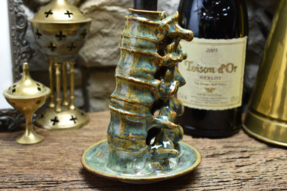 Spine candle holder medium green/brown effect glaze