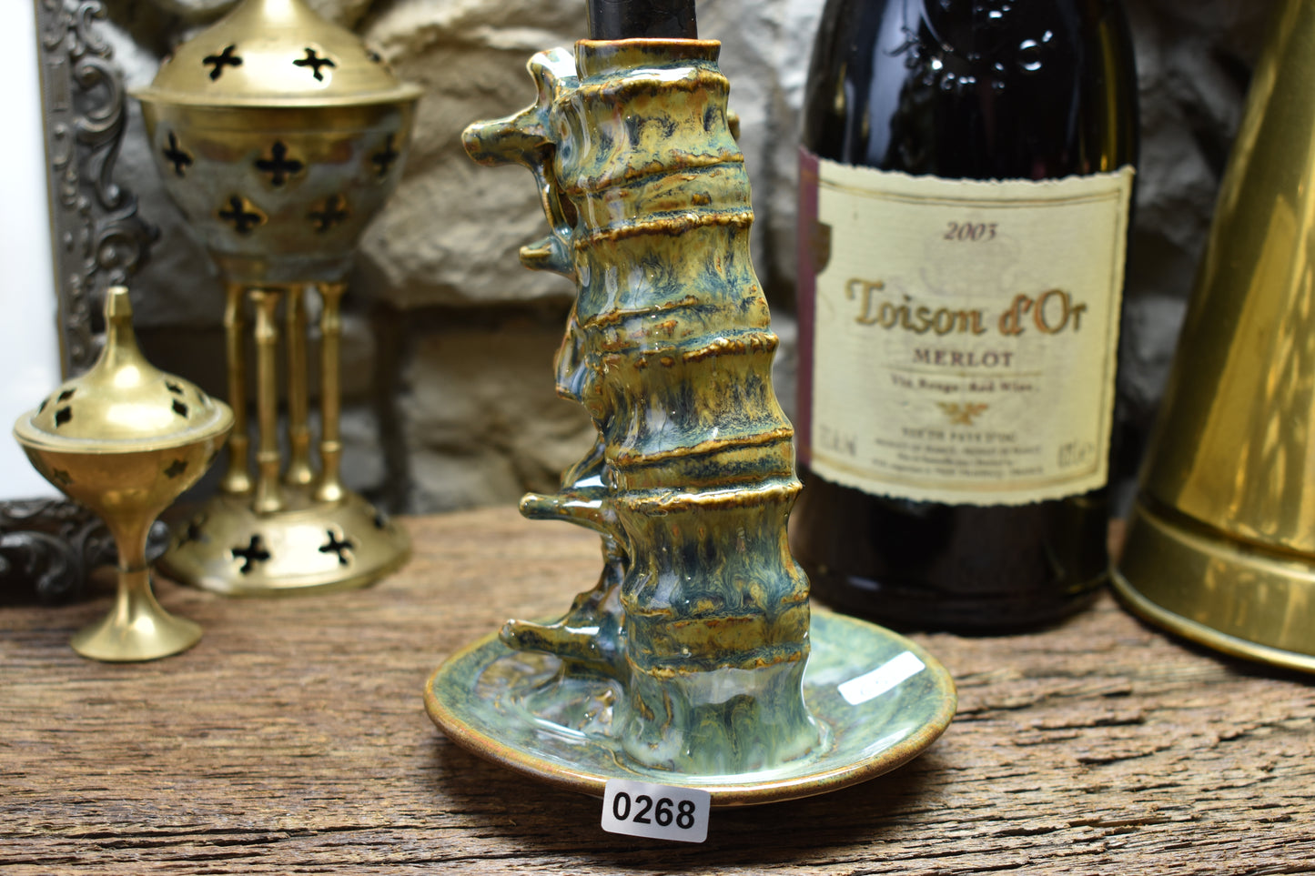 Spine candle holder medium green/brown effect glaze