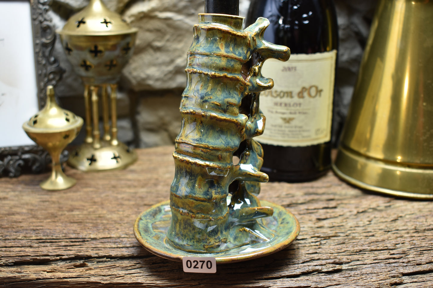 Spine candle holder medium brown/green effect glaze 2