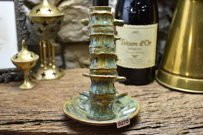 Spine candle holder medium brown/green effect glaze 2