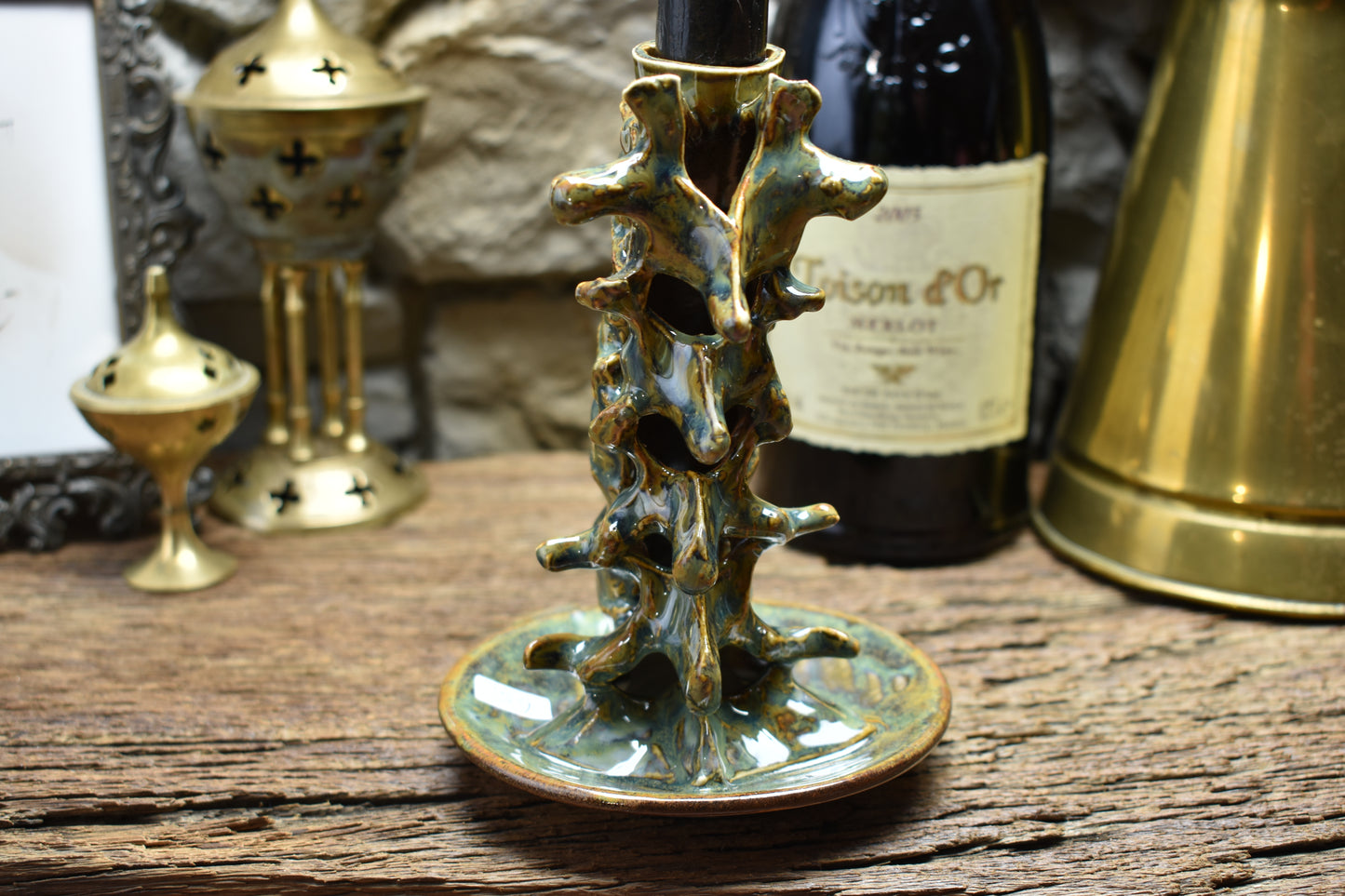 Spine candle holder medium brown/green effect glaze 2