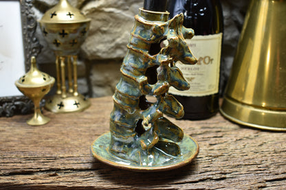 Spine candle holder medium brown/green effect glaze 2