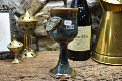 Handmade ceramic wine goblet with deathmoth - blue/brown effect glaze