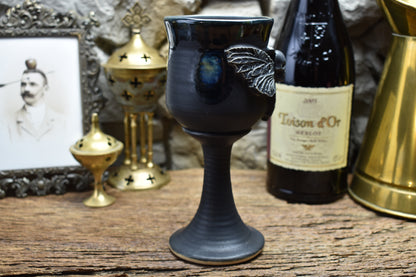 Handmade ceramic wine goblet with deathmoth - black matt & shiny effect glaze
