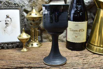 Handmade ceramic wine goblet with deathmoth - black matt & shiny effect glaze