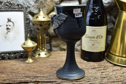 Handmade ceramic wine goblet with deathmoth - black matt & shiny effect glaze
