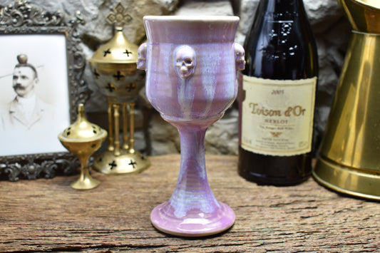 Handmade ceramic wine goblet with skulls - lilac effect glaze