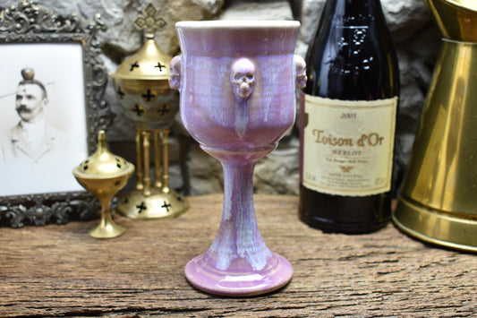 Handmade ceramic wine goblet with skulls - lilac effect glaze 2
