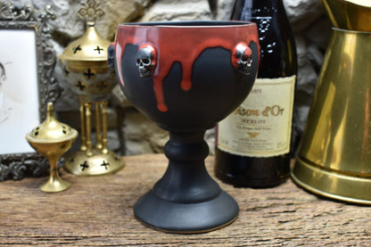 Handmade ceramic goblet with skulls - matt black & red