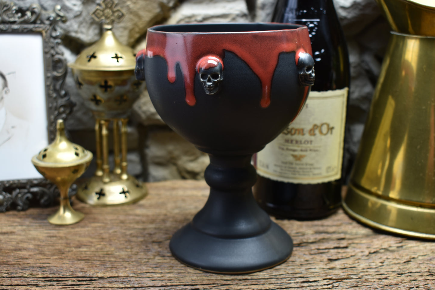 Handmade ceramic goblet with skulls - matt black & red