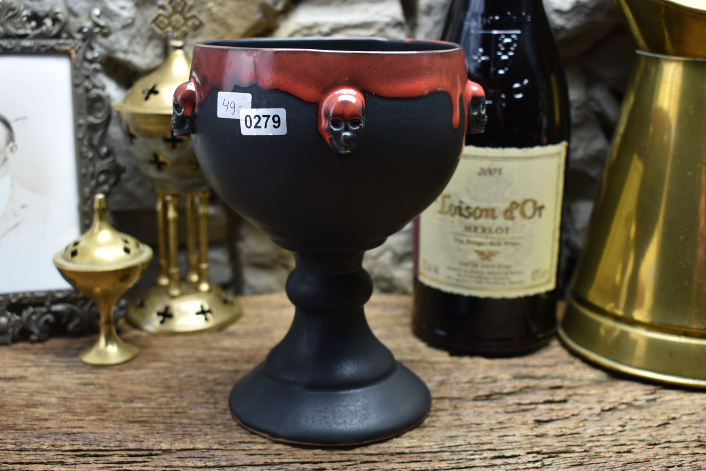 Handmade ceramic goblet with skulls - matt black & red