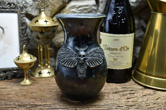 Handmade small vase with deathmoth - black shiny effect glaze
