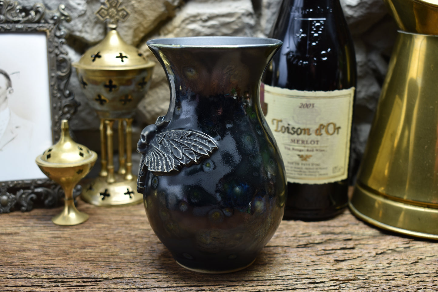 Handmade small vase with deathmoth - black shiny effect glaze