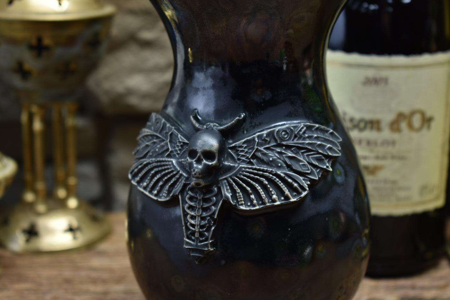 Handmade small vase with deathmoth - black shiny effect glaze