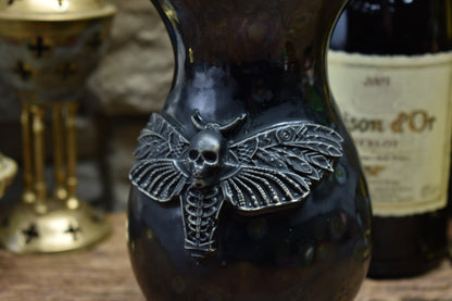 Handmade small vase with deathmoth - black shiny effect glaze