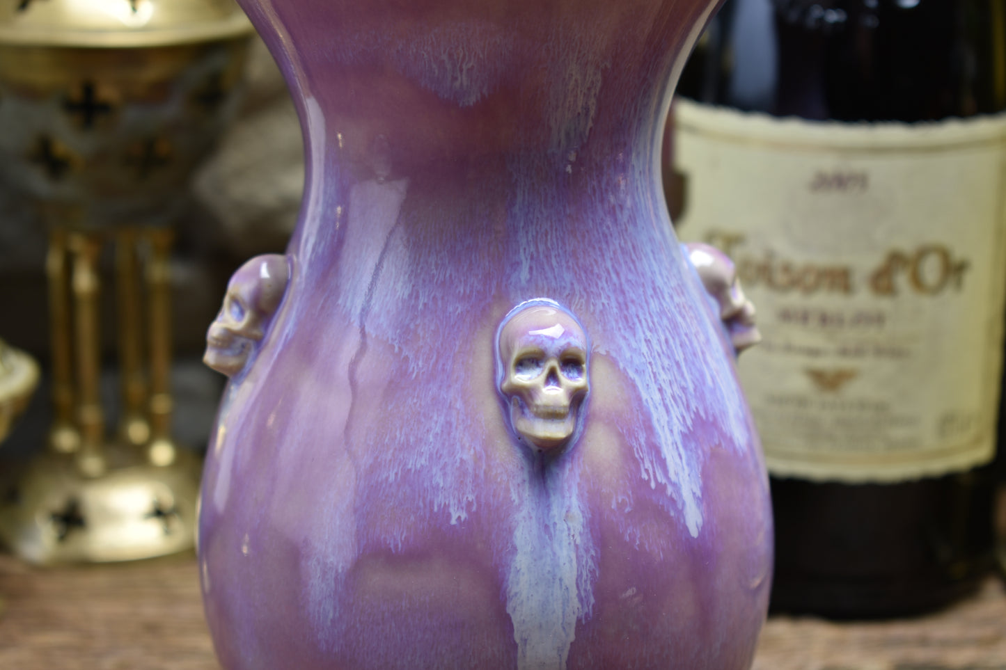 Handmade small vase with skulls lilac effect glaze