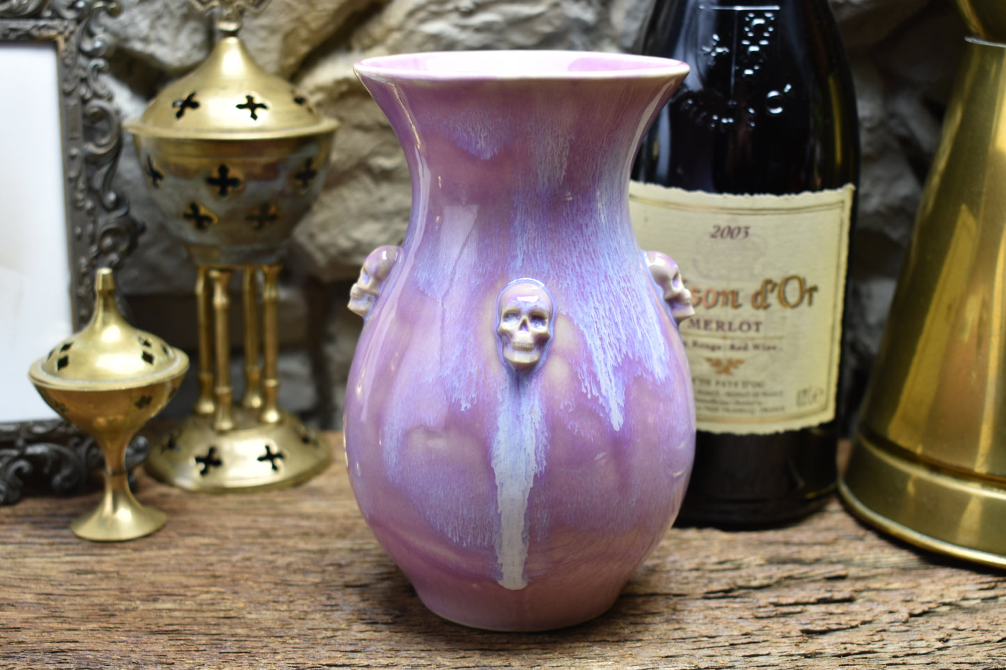 Handmade small vase with skulls lilac effect glaze