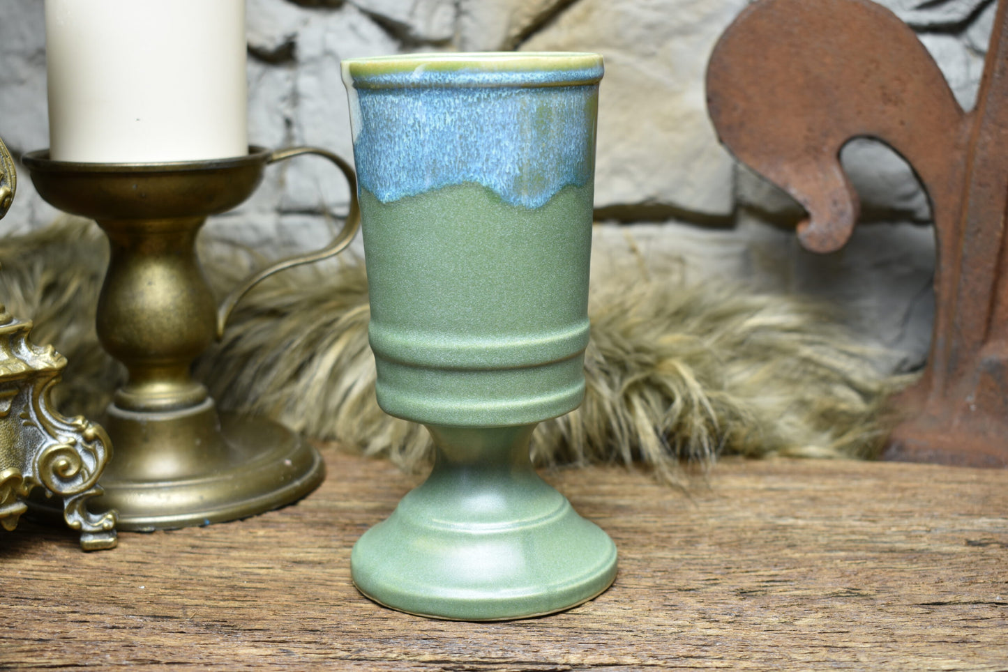 Handmade ceramic chalice 330ML with green matt and effect glaze 2