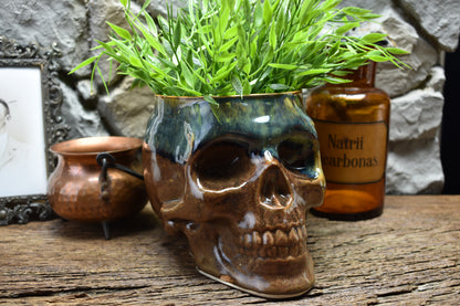 Big skull plantpot brown and blue/green effect glaze