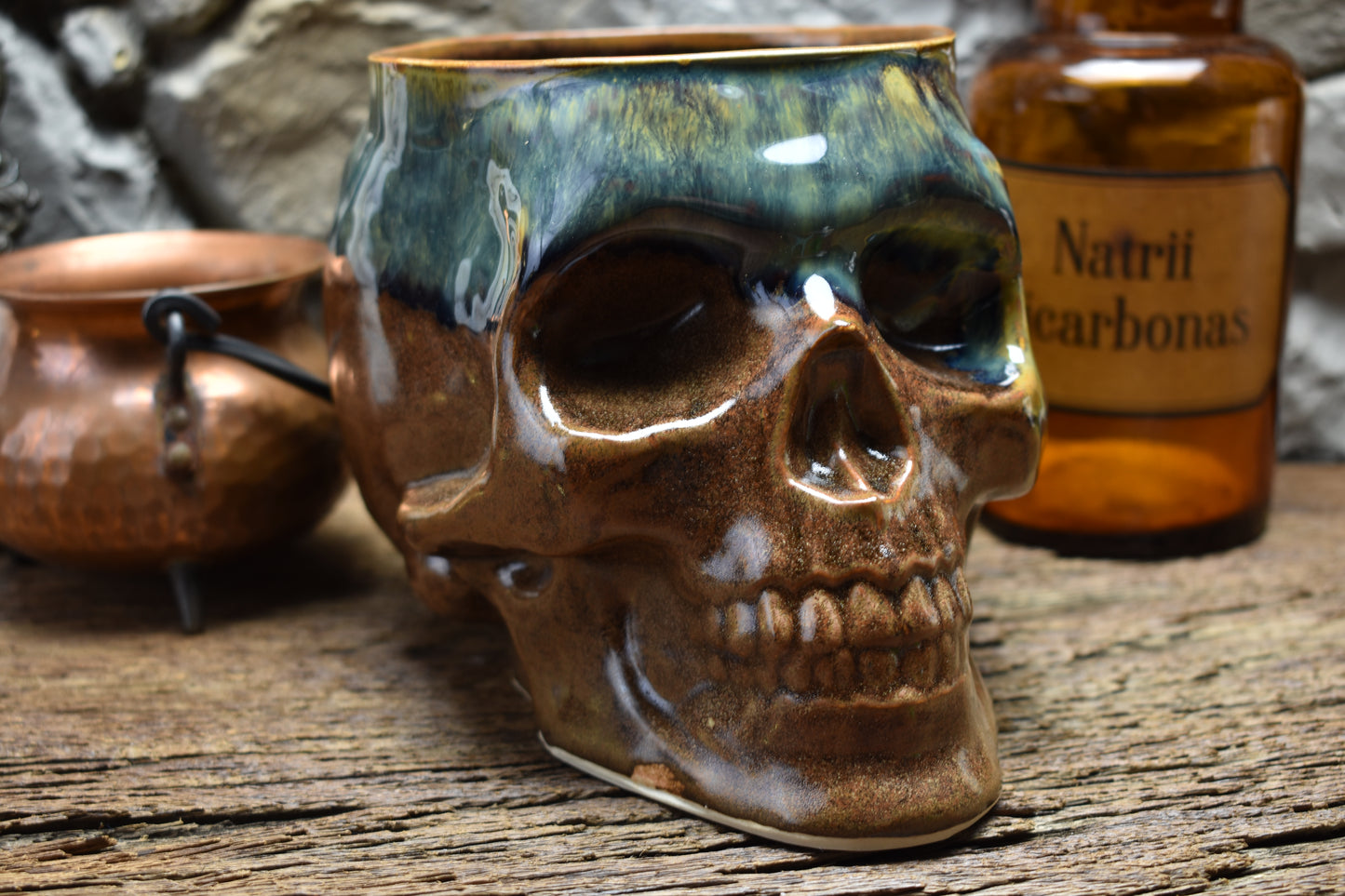 Big skull plantpot brown and blue/green effect glaze