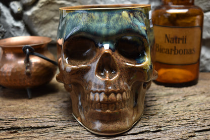 Big skull plantpot brown and blue/green effect glaze