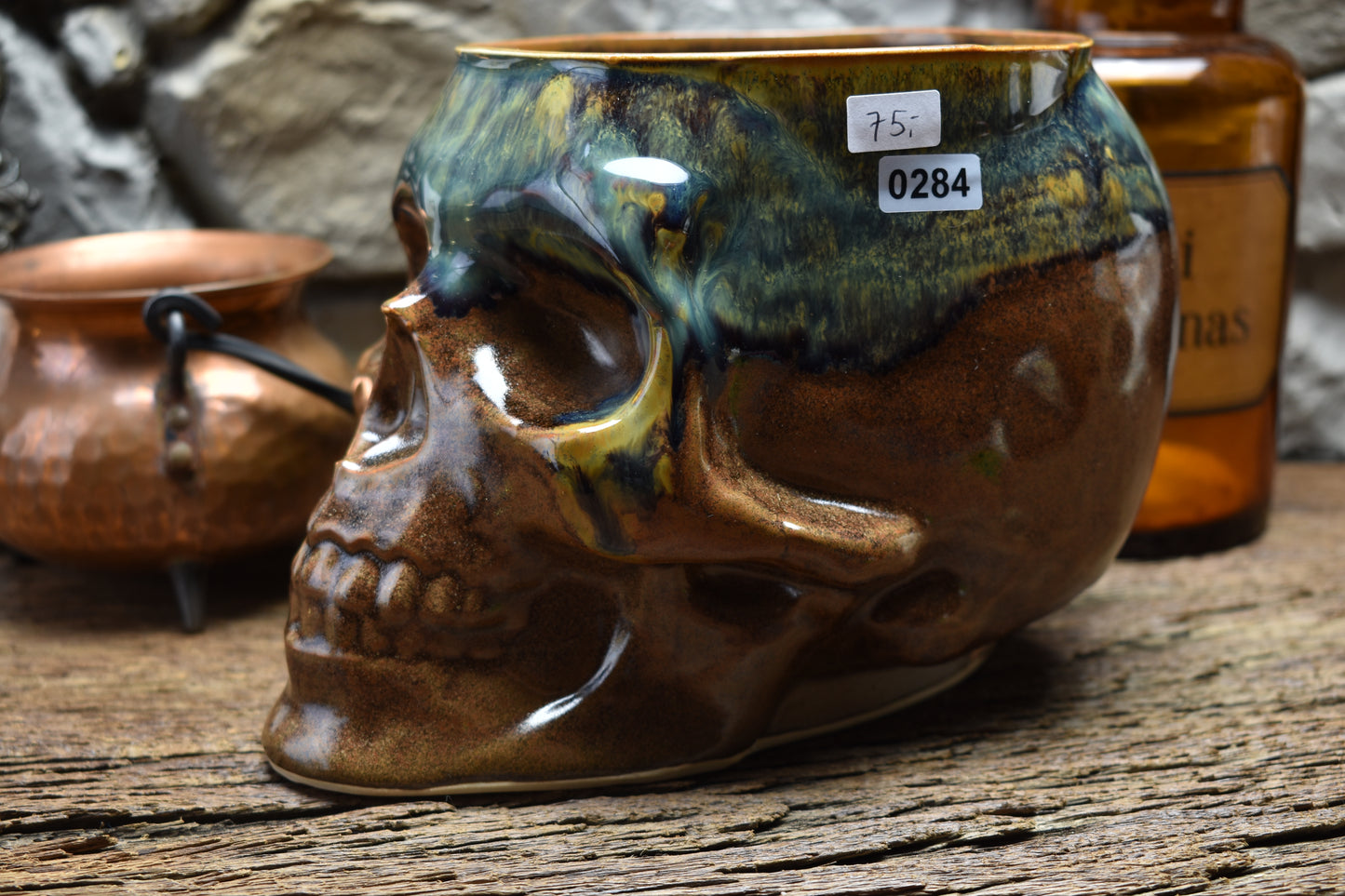 Big skull plantpot brown and blue/green effect glaze