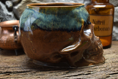 Big skull plantpot brown and blue/green effect glaze