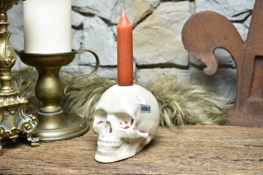 Handmade ceramic skull candle holder white with red blood effect glaze 1