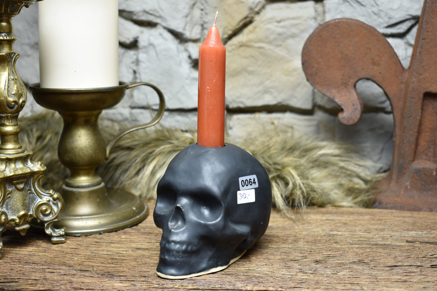 Handmade ceramic skull candle holder black matt 2