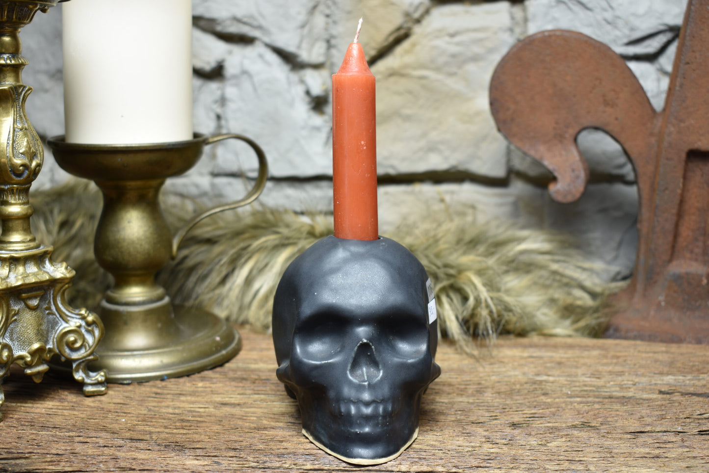 Handmade ceramic skull candle holder black matt 2