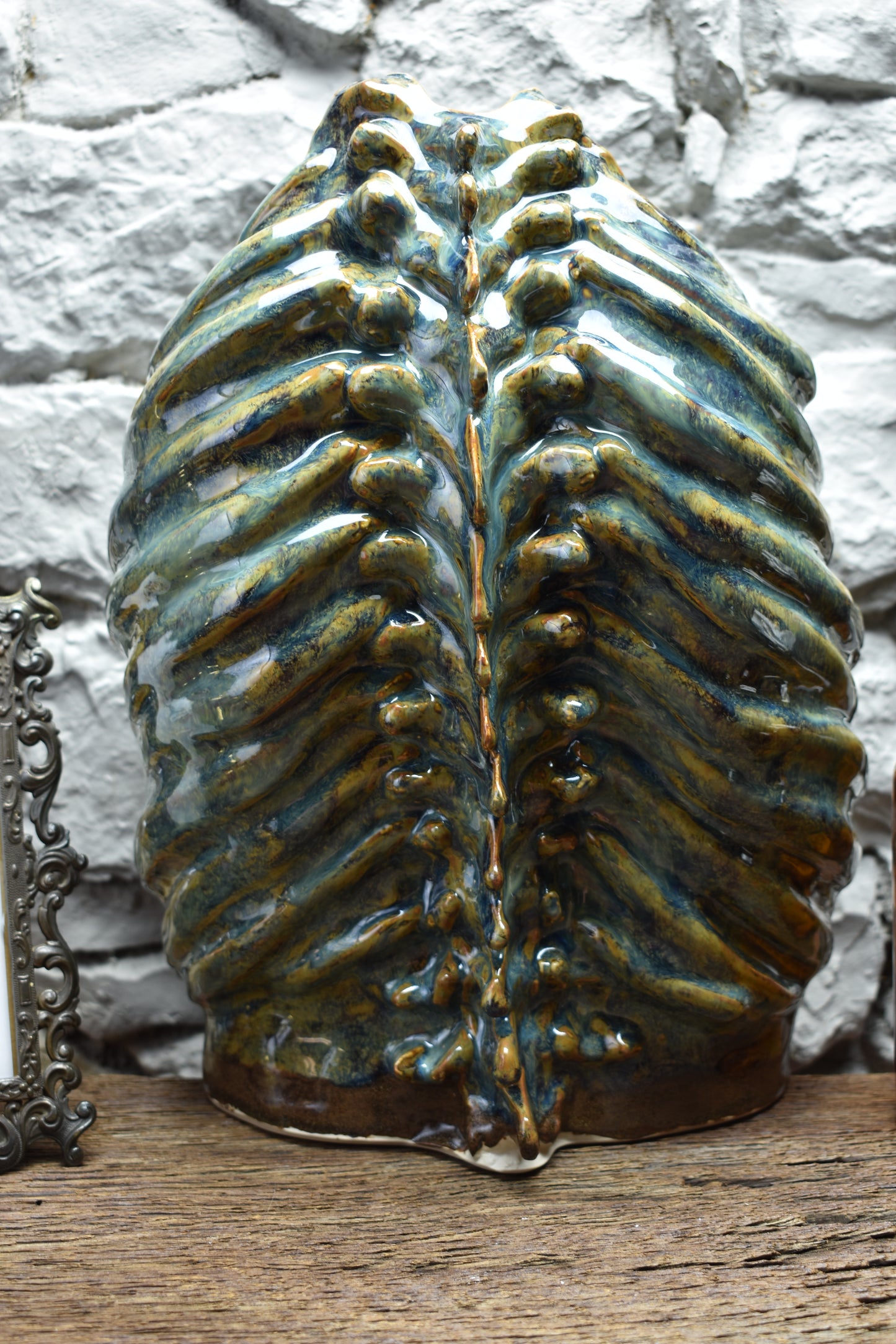 Handmade ribcage vase blue/brown effect glaze