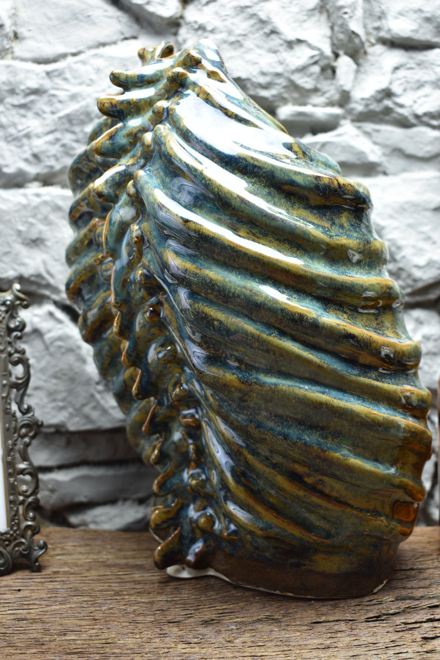 Handmade ribcage vase blue/brown effect glaze