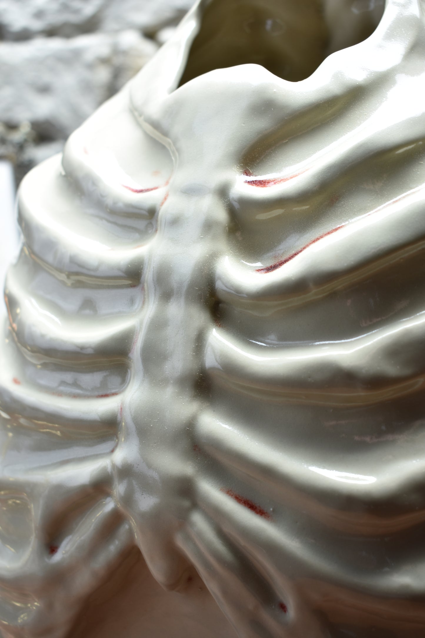 Handmade ribcage vase transparant and bloody effect glaze