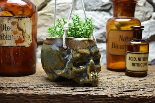 Small hanging skull plantpot blue/brown effect glaze