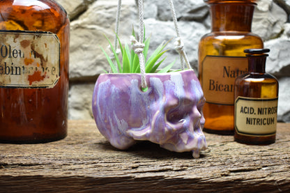 Small hanging skull plantpot lilac effect glaze
