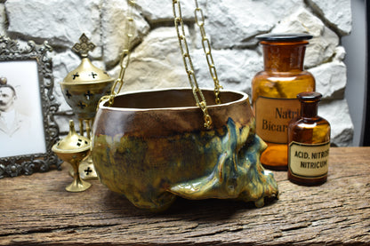 Large hanging skull plantpot brown/blue effect glaze