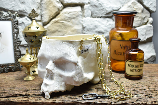 Large hanging skull plantpot cracked white