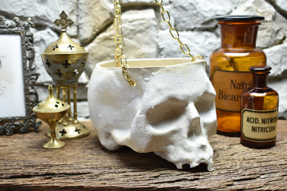 Large hanging skull plantpot cracked white