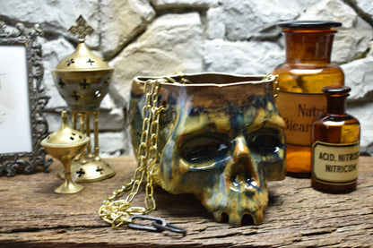 Large hanging skull plantpot blue/brown effect glaze 2