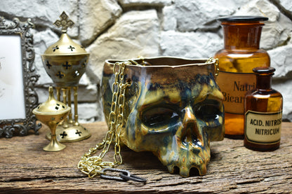 Large hanging skull plantpot blue/brown effect glaze 2