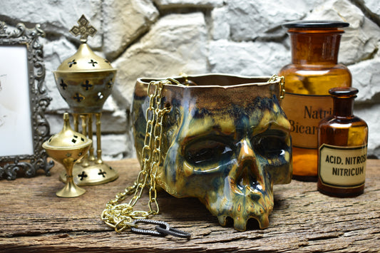 Large hanging skull plantpot blue/brown effect glaze 2