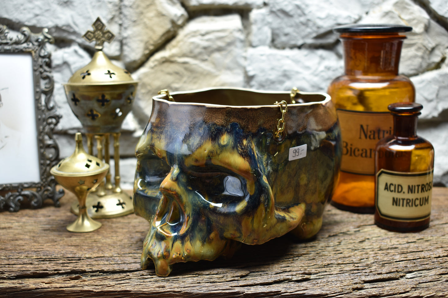Large hanging skull plantpot blue/brown effect glaze 2