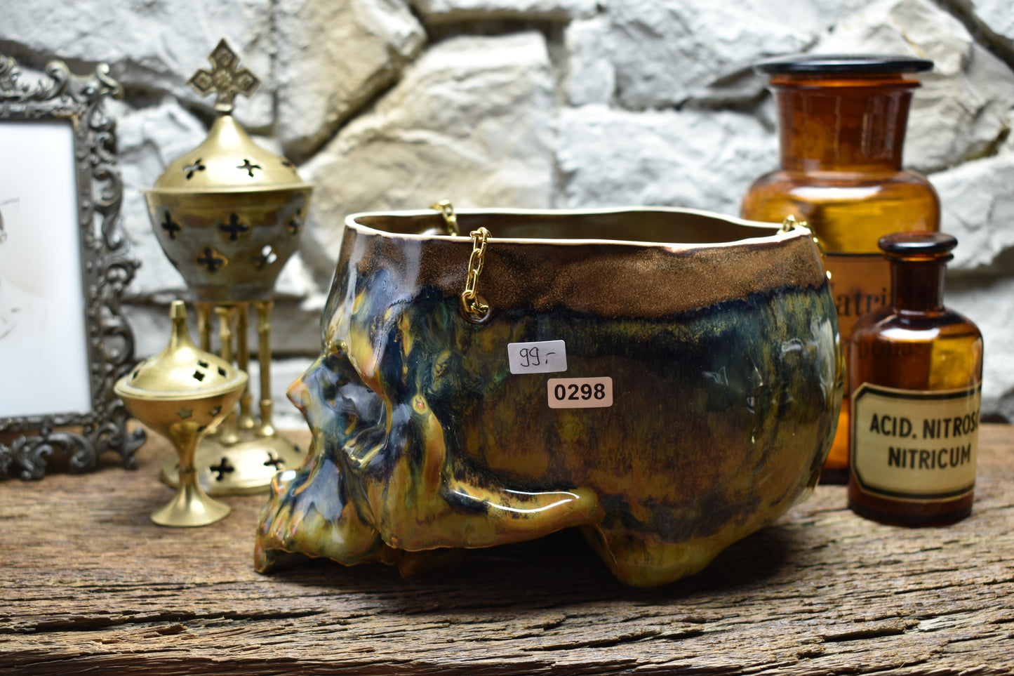 Large hanging skull plantpot blue/brown effect glaze 2