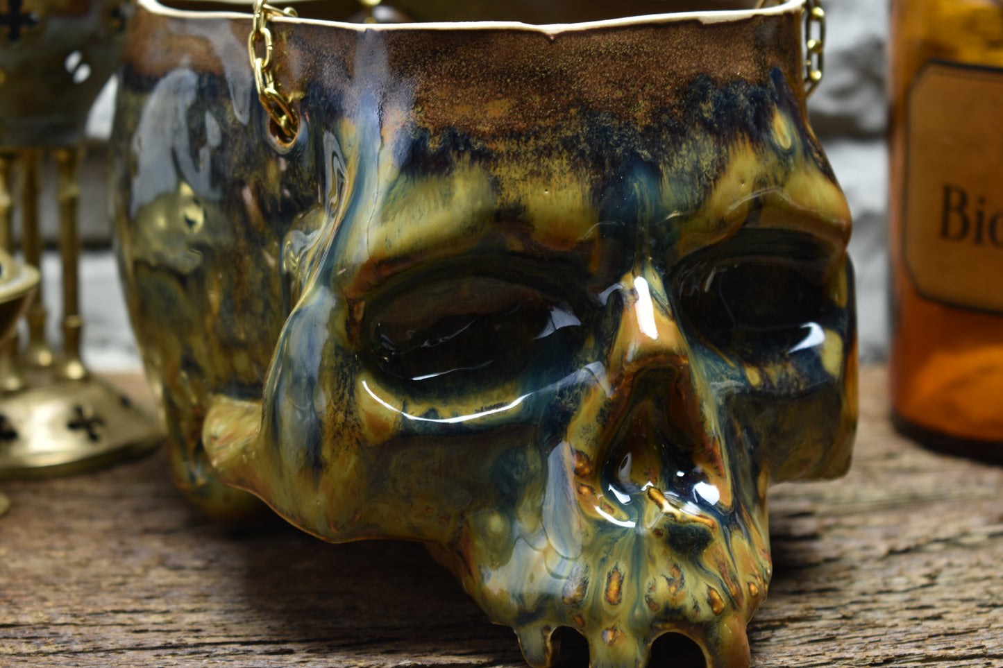 Large hanging skull plantpot blue/brown effect glaze 2