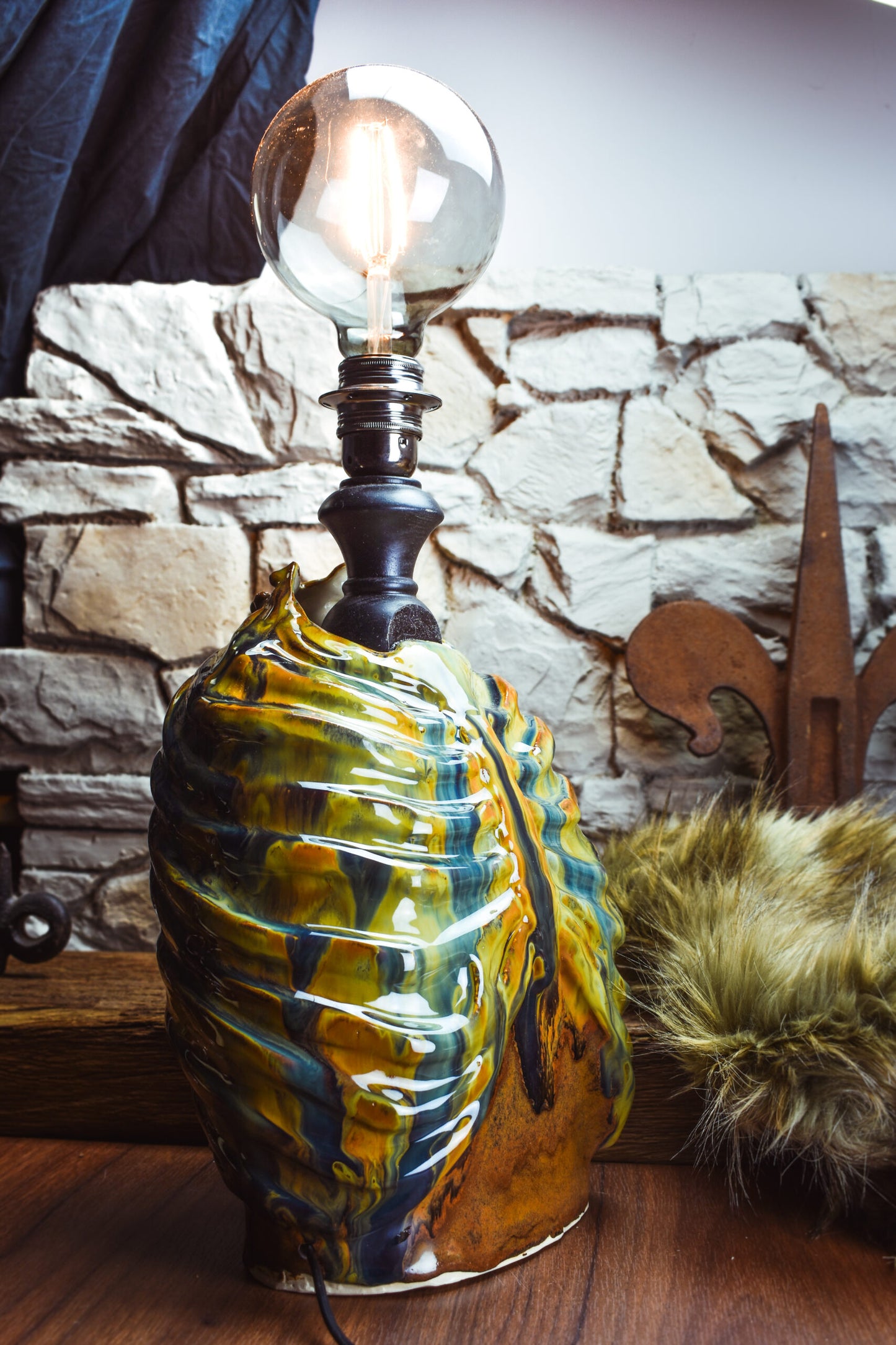 Handmade ceramic ribcage lamp with special effect glaze