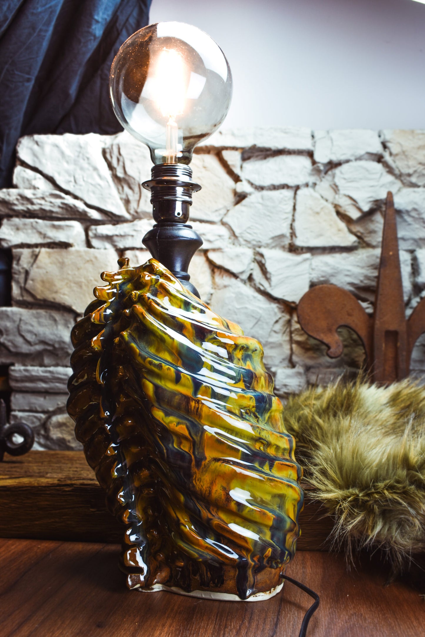 Handmade ceramic ribcage lamp with special effect glaze