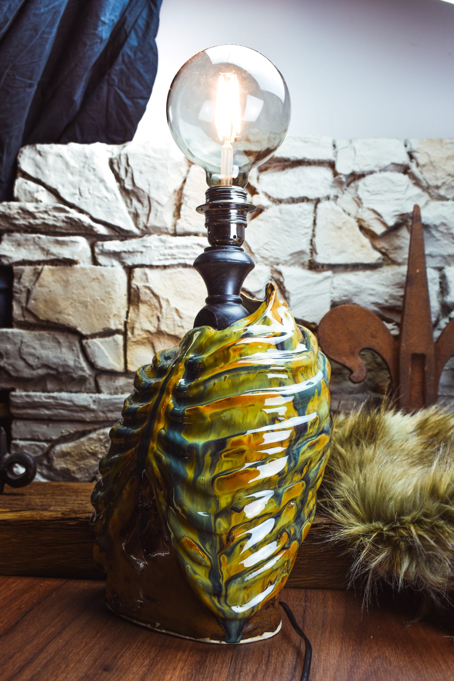 Handmade ceramic ribcage lamp with special effect glaze