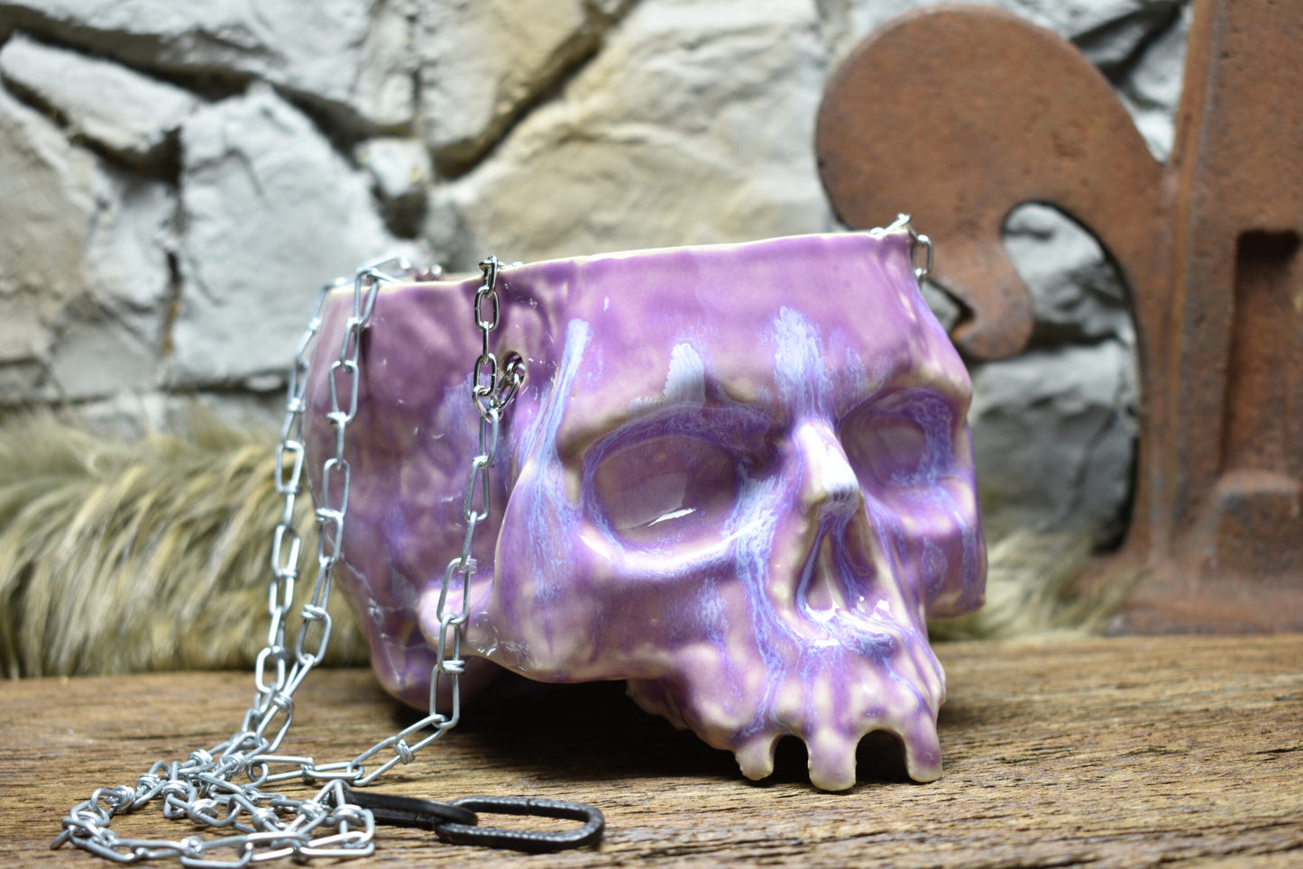 Large hanging skull plantpot lilac effect glaze