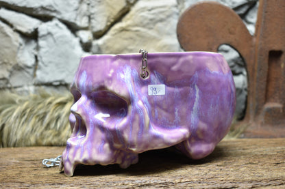 Large hanging skull plantpot lilac effect glaze