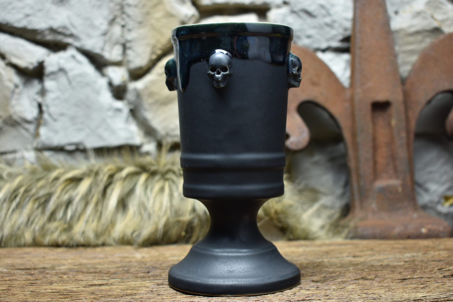 Handmade ceramic skull chalice 330ML with black matt and effect glaze